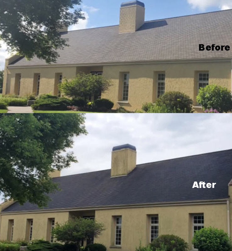 Before and after comparison of a church roof treated with Green Roof Renew soybean oil shingle conditioning